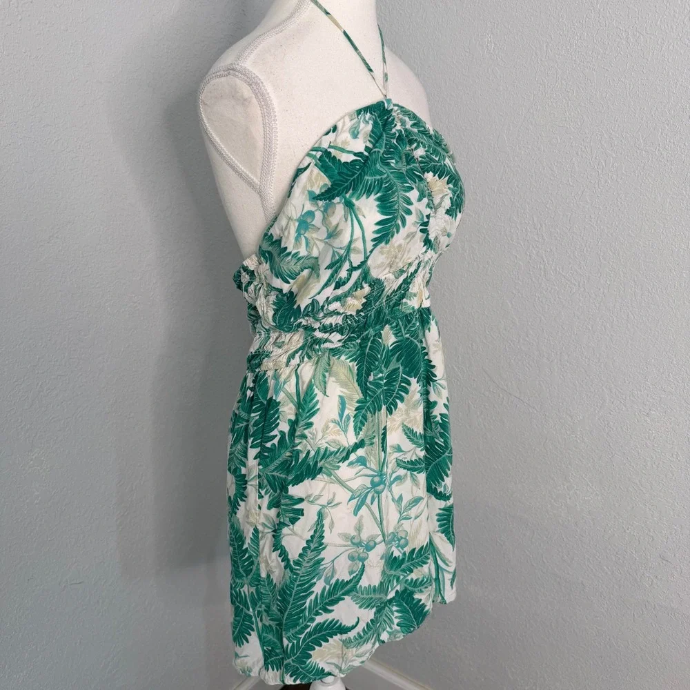 HM‎ Green White Tropical Palm Leaf Halter Romper Keyhole Smocked XL